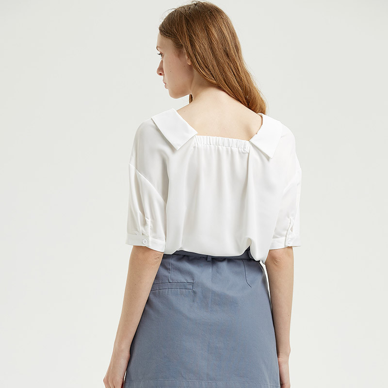 WEWE夏季简约纯色气质短袖雪纺衫4