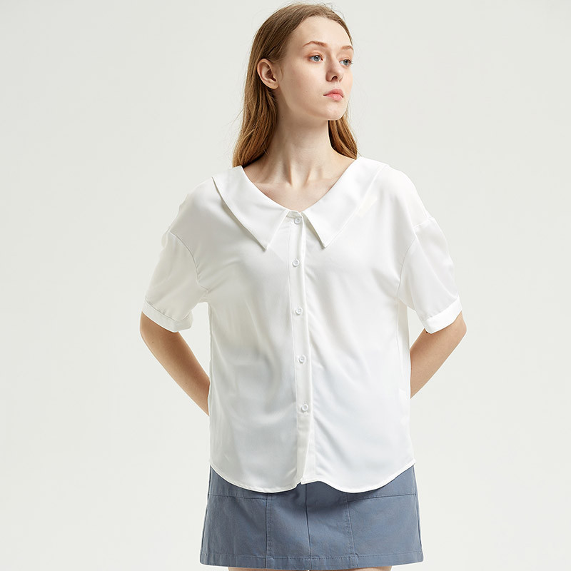 WEWE夏季简约纯色气质短袖雪纺衫3
