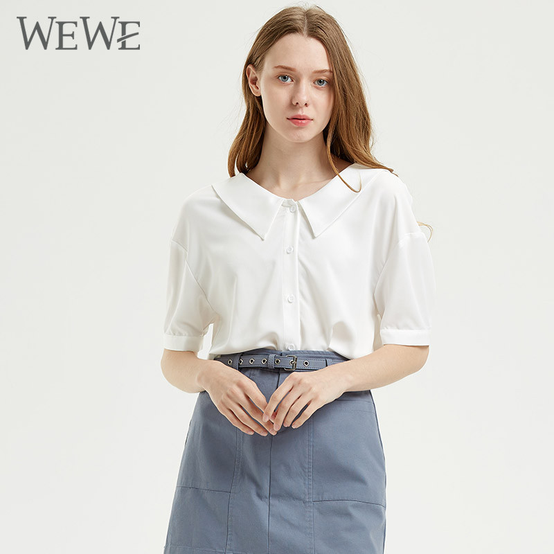 WEWE夏季简约纯色气质短袖雪纺衫1