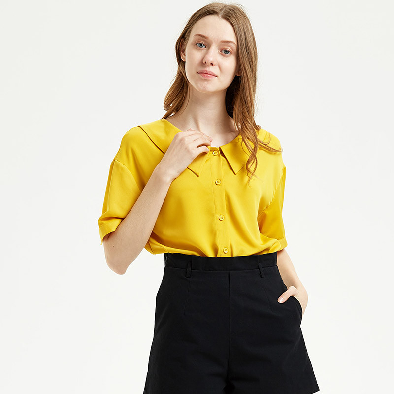 WEWE夏季简约纯色气质短袖雪纺衫2