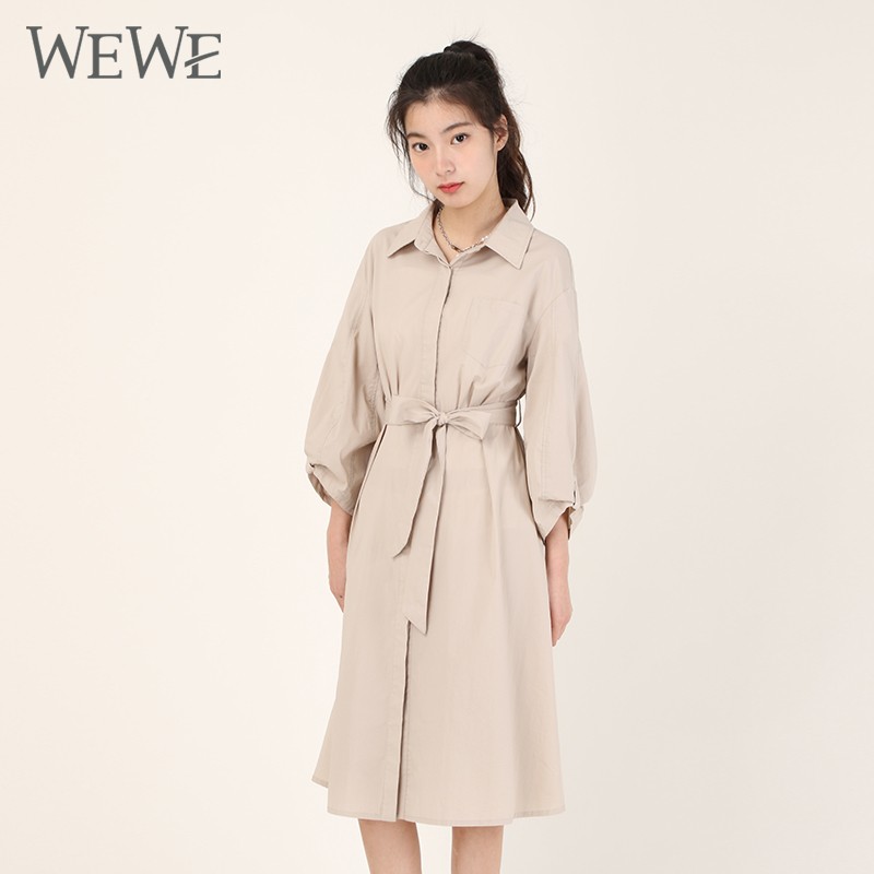 WEWE/唯唯 春季衬衫领单排扣收腰系带纯色简约连衣裙中裙1