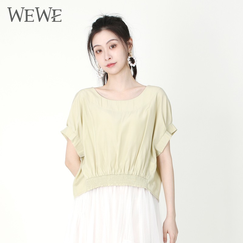 WEWE/唯唯 夏季圆领纯色宽松短款蝴蝶袖舒适透气单穿上衣1