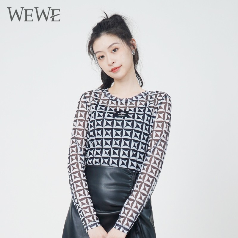 WEWE/唯唯 秋季圆领黑白撞色格子镂空性感时尚单层套头衫1