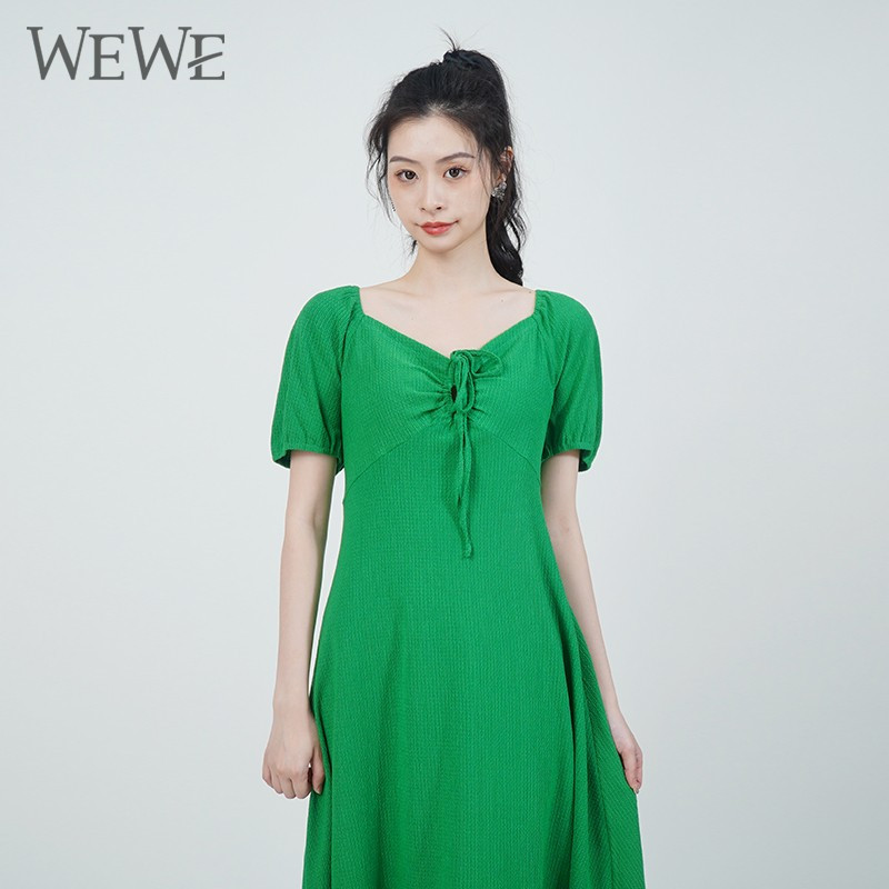 WEWE/唯唯 夏季V领系带灯笼袖收腰气质连衣裙伞裙1