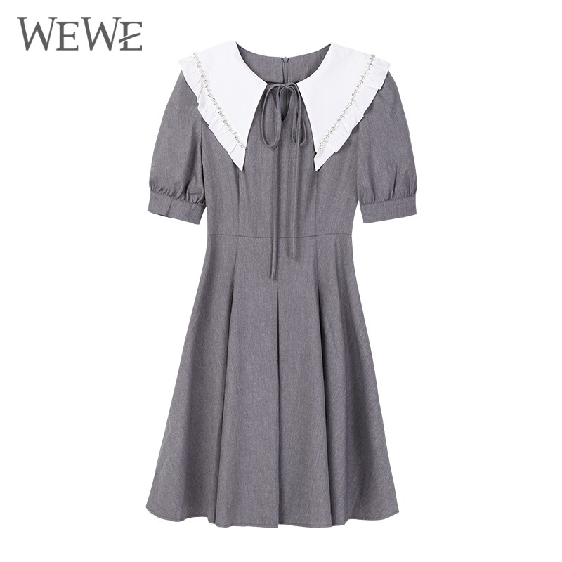 WEWE/唯唯 秋季新品系带娃娃领气质镶钻收腰后拉链短袖连衣裙伞裙6