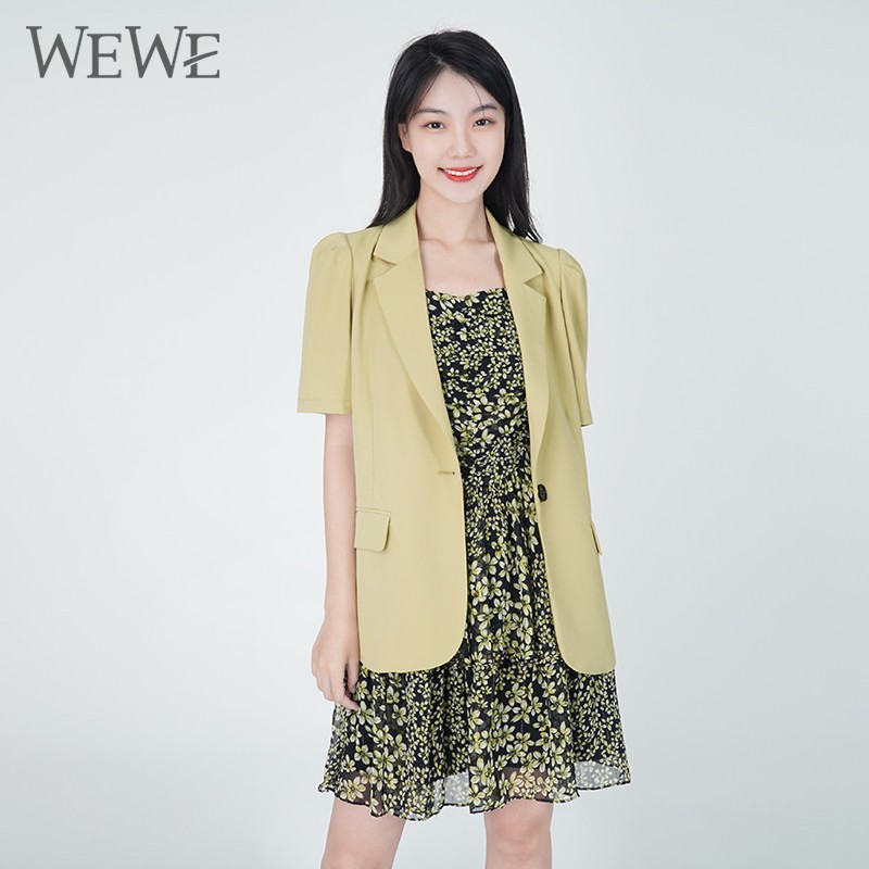 WEWE/唯唯 秋季新品休闲短袖一例西服碎花手摇雪纺连衣裙两件套1