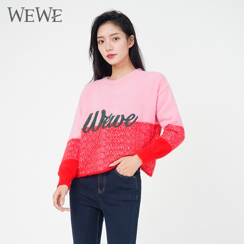 WEWE/唯唯 冬季新品圆领直筒粉红撞色字母减龄少女毛线衣1