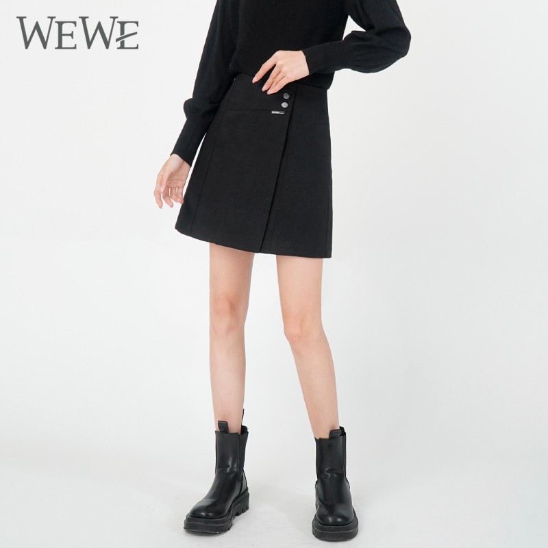 WEWE/唯唯 冬季新品高腰时尚侧披少女A字裙短裙1