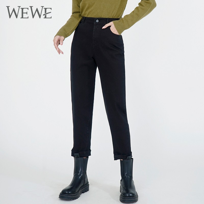 WEWE/唯唯 冬季新品黑色高腰休闲简约百搭时尚烟管裤牛仔裤1