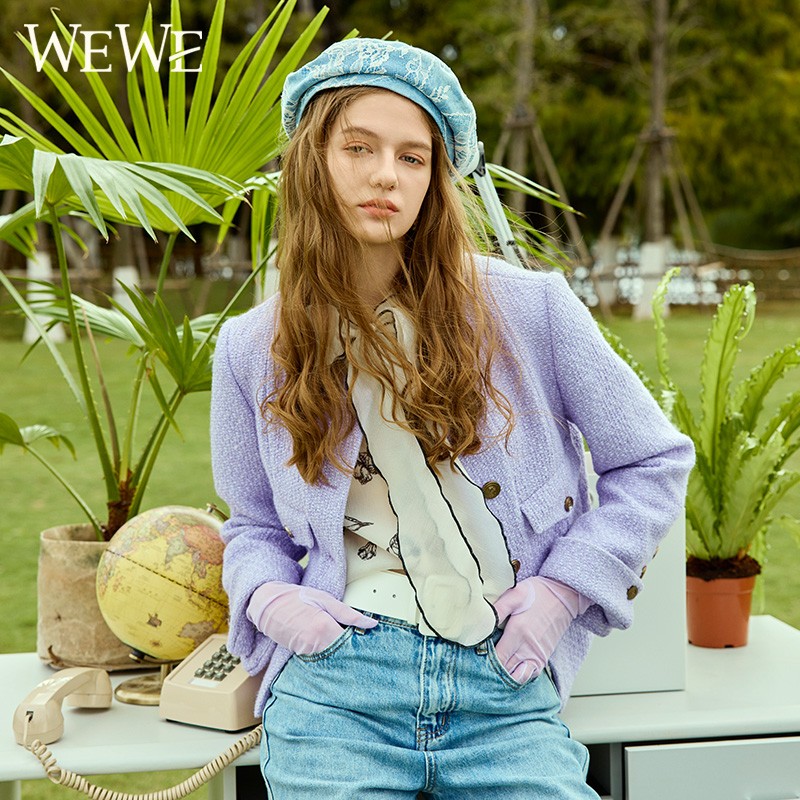 WEWE/唯唯 春季新品紫色圆领单排扣直筒短款毛呢小外套1