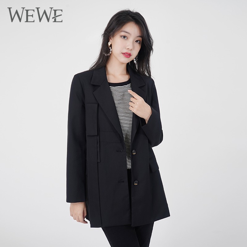 WEWE/唯唯 春季新品黑色欧美风单排扣个性中长款西装外套1