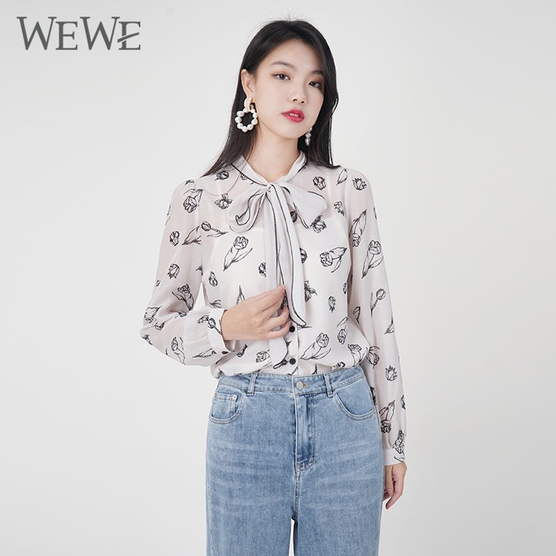 WEWE/唯唯 春季丝带领单排扣微透印花青春少女雪纺衬衫1