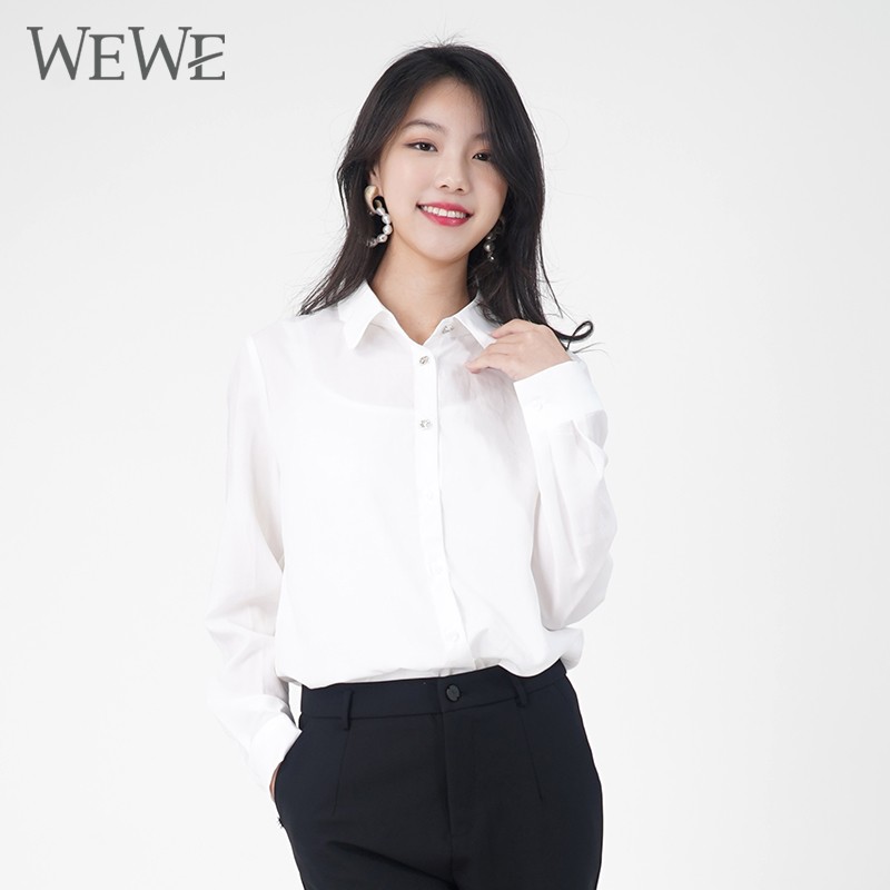 WEWE/唯唯 春季新品米白简约其实时尚OL单排扣舒适100%天丝衬衫1