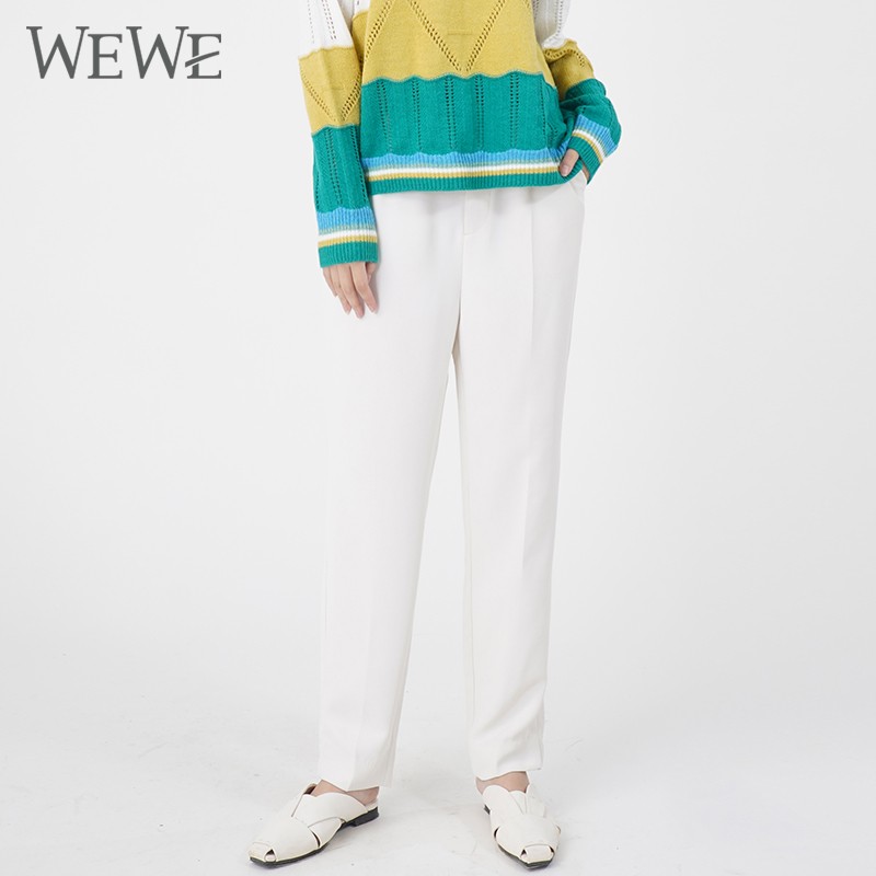 WEWE/唯唯 春季新品白色高腰宽松透气简约OL休闲长裤1