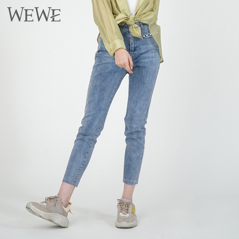 WEWE/唯唯 春季新品浅色水洗磨白时尚小脚珍珠牛仔长裤铅笔裤1