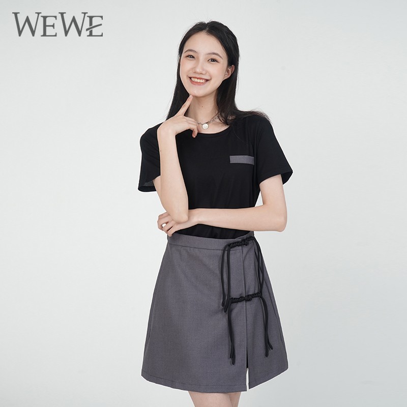 WEWE/唯唯 夏季新品黑色圆领短袖T系带开叉A字短裙假两件连衣裙1