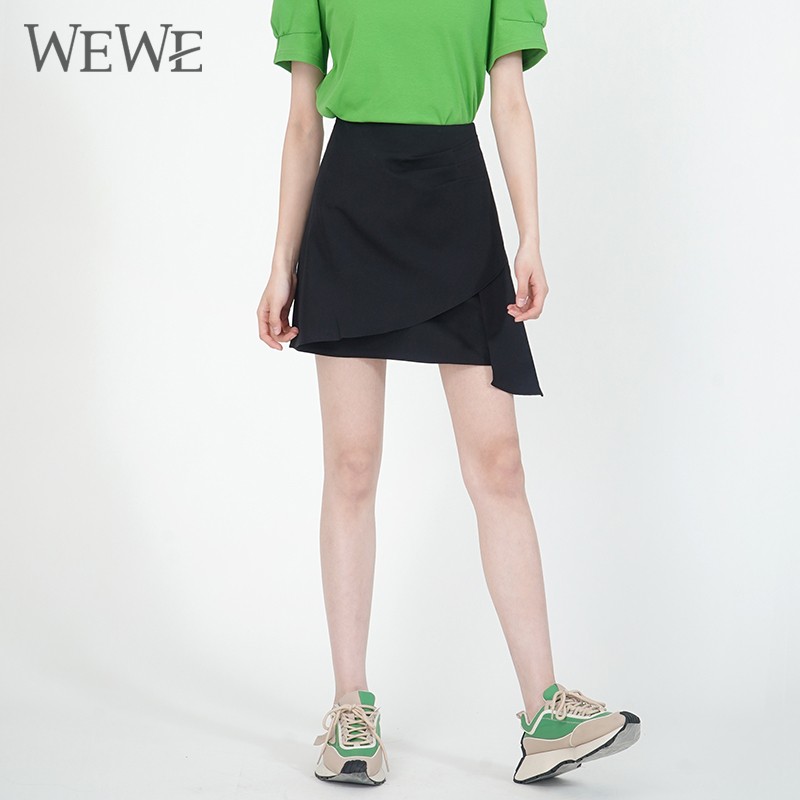 WEWE/唯唯 夏季新品黑色拼接不规则A字短裙1