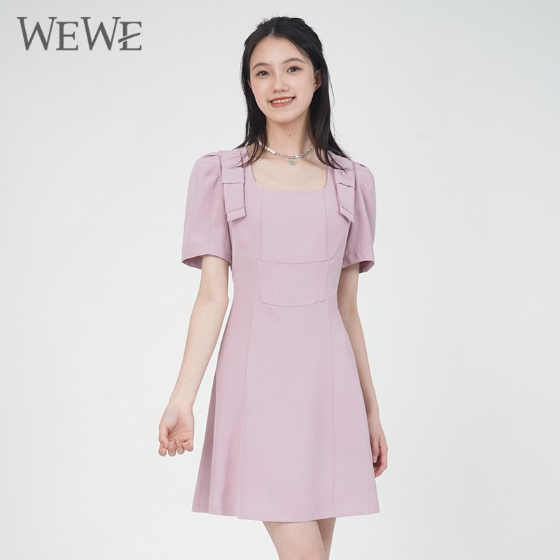 WEWE/唯唯 夏季新品纯色方领双肩带收腰显瘦气质A字连衣裙短裙1