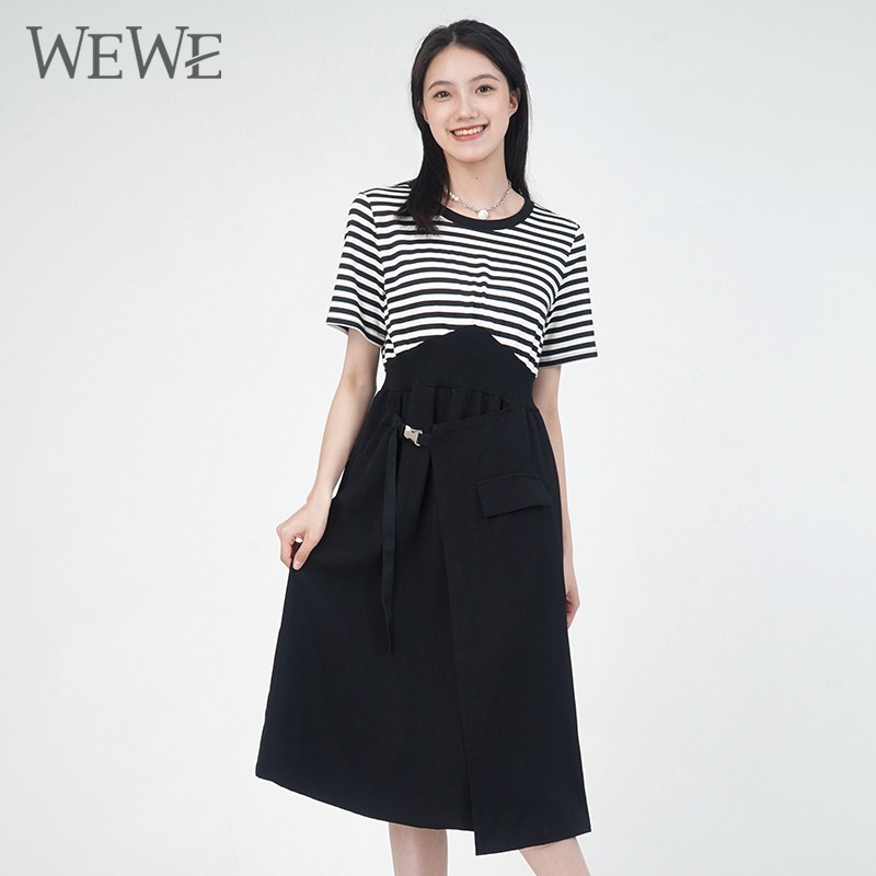 WEWE/唯唯 夏季新品圆领条纹拼接收腰系带不规则连衣裙1