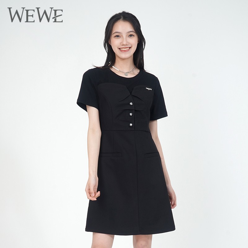 WEWE/唯唯 夏季新品黑色圆领塑腰单排扣时尚A字连衣裙1