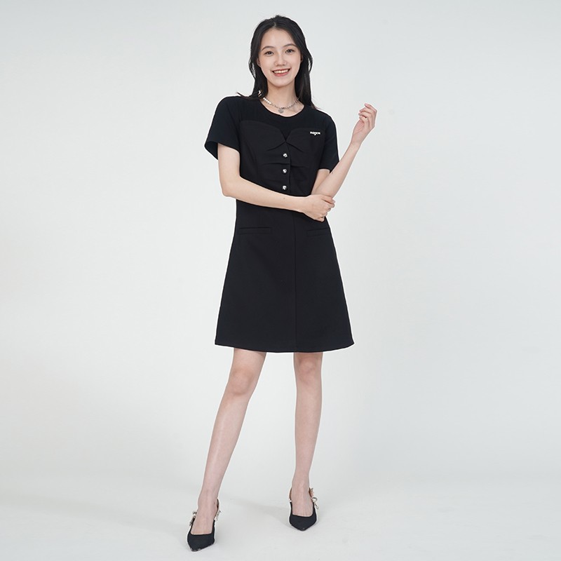 WEWE/唯唯 夏季新品黑色圆领塑腰单排扣时尚A字连衣裙3