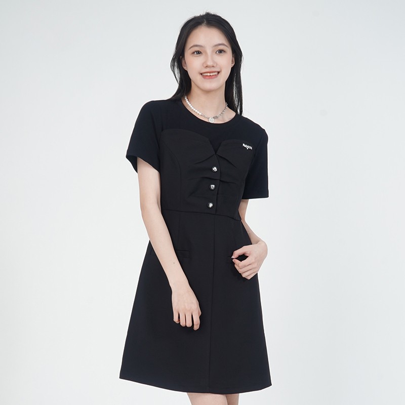 WEWE/唯唯 夏季新品黑色圆领塑腰单排扣时尚A字连衣裙2