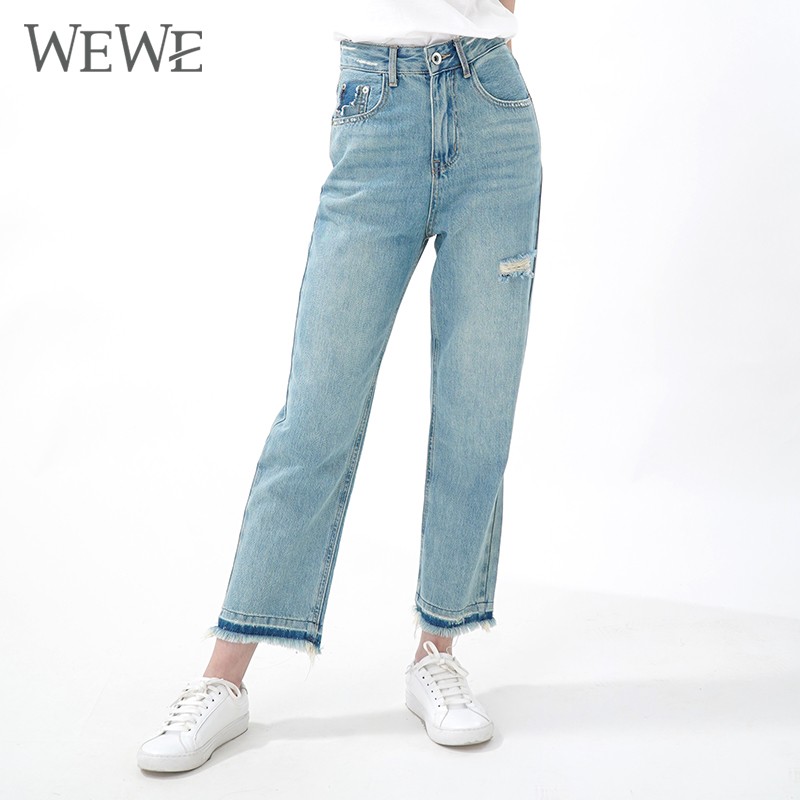WEWE/唯唯 夏季新品浅色水洗破洞直筒时尚流苏边时尚薄款牛仔裤1