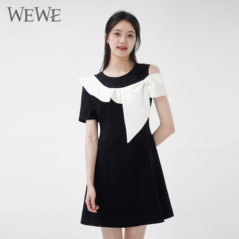 WEWE/唯唯 夏季新品圆领短袖个性黑白撞色收腰连衣裙A字短裙1