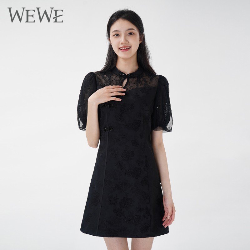 WEWE/唯唯 夏季新品纯色旗袍领蕾丝拼接收腰气质连衣裙A字短裙1