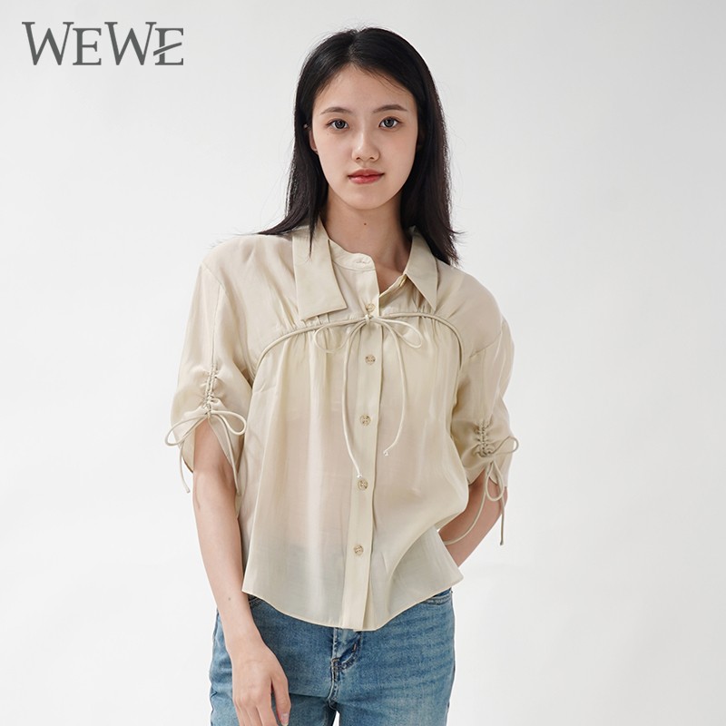 WEWE/唯唯 夏季新品纯色单排扣系带半袖宽松抽褶微透莱赛尔衬衫1