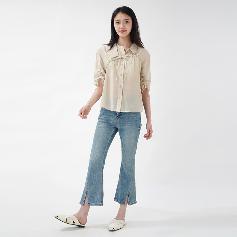 WEWE/唯唯 夏季新品纯色单排扣系带半袖宽松抽褶微透莱赛尔衬衫3