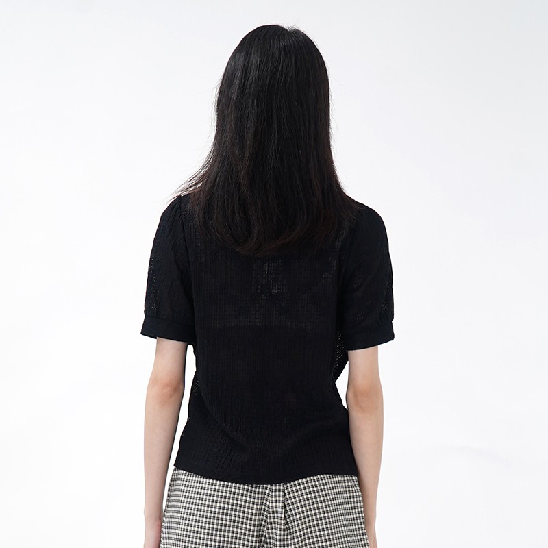 WEWE/唯唯 夏季新品黑色V领蝴蝶结薄款透气短袖针织单穿上衣5