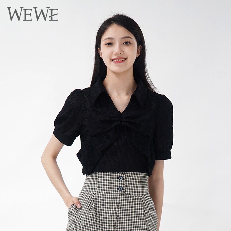 WEWE/唯唯 夏季新品黑色V领蝴蝶结薄款透气短袖针织单穿上衣1