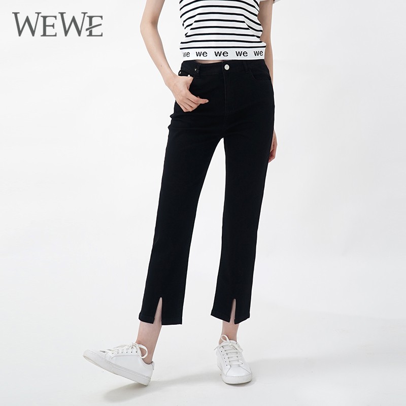 WEWE/唯唯 夏季新品黑色束身显瘦直筒开叉薄款牛仔裤九分裤1