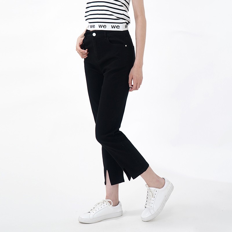 WEWE/唯唯 夏季新品黑色束身显瘦直筒开叉薄款牛仔裤九分裤2