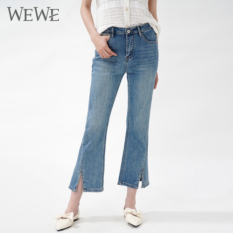 WEWE/唯唯 夏季新品蓝色水洗磨白开叉复古喇叭裤牛仔裤1