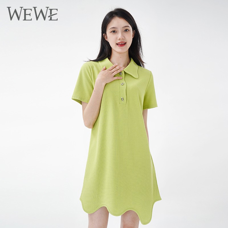 WEWE/唯唯 夏季新品衬衫领三粒扣纯色宽松A字波浪边连衣裙1