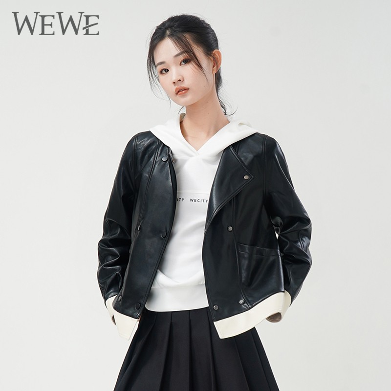 WEWE/唯唯 秋季黑色双排扣宽松直筒长袖白边皮衣外套1