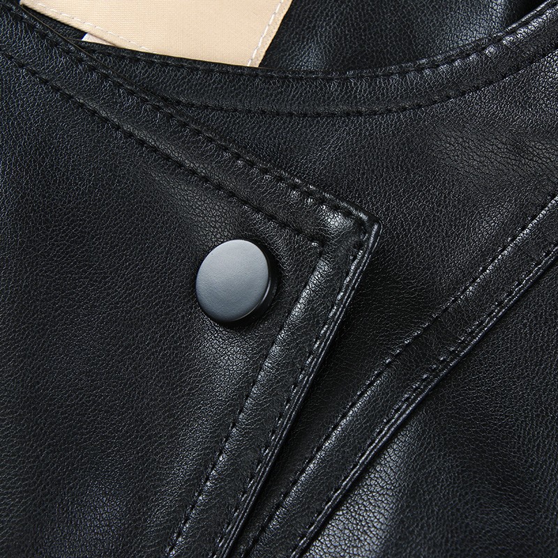 WEWE/唯唯 秋季黑色双排扣宽松直筒长袖白边皮衣外套4