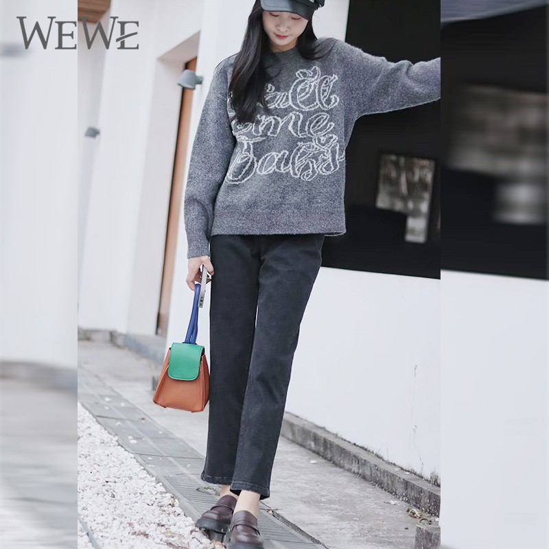 WEWE/唯唯 冬季黑色高腰修身显瘦直筒牛仔裤3
