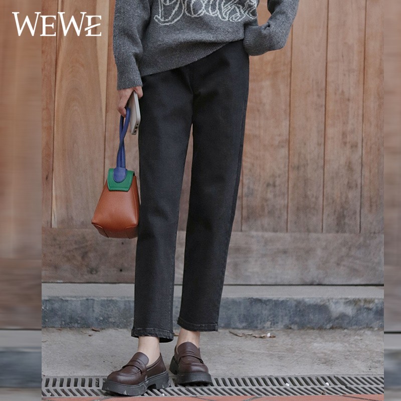 WEWE/唯唯 冬季黑色高腰修身显瘦直筒牛仔裤1
