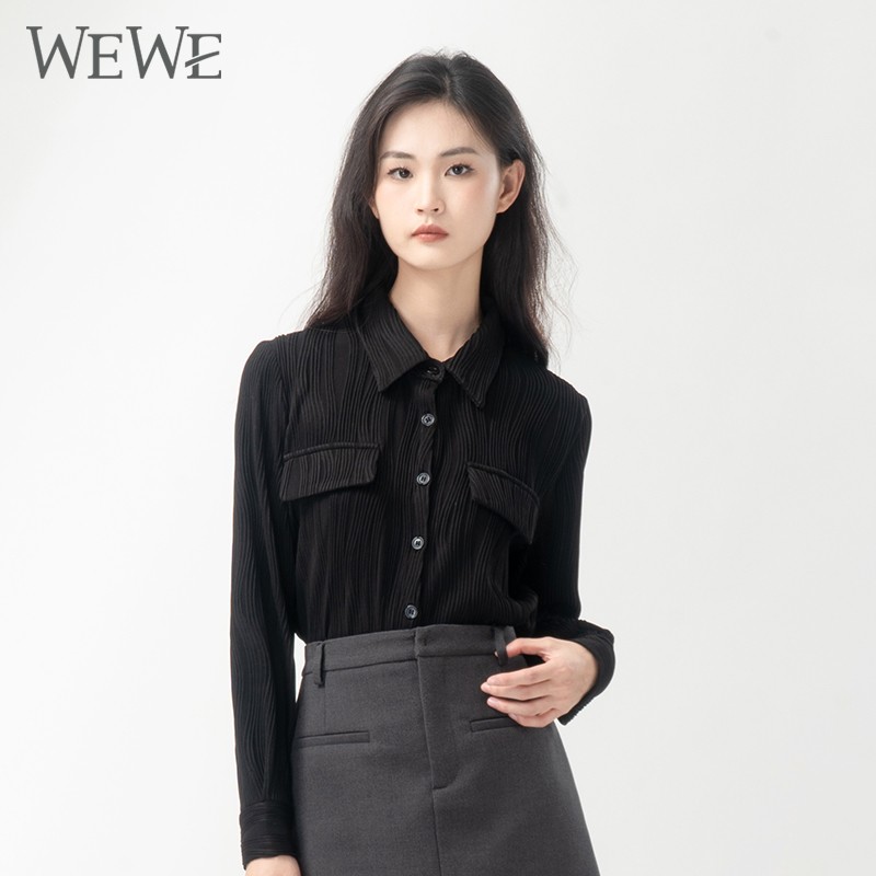 WEWE/唯唯 冬季黑色单排扣修身时尚流苏衬衫1