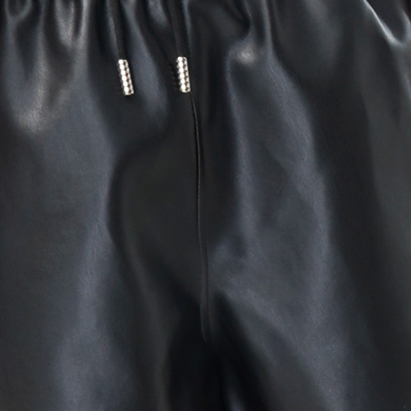 WEWE/唯唯 冬季黑色高腰系带宽松A字皮短裤4