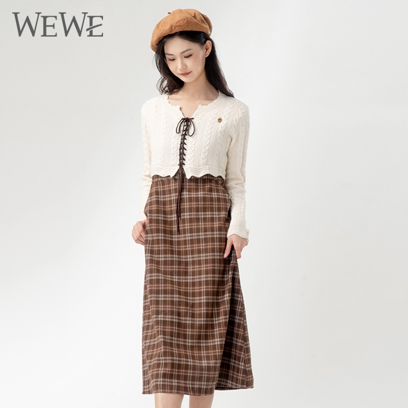 WEWE/唯唯 冬季系带短款针织开衫背带格子连衣裙两件套1