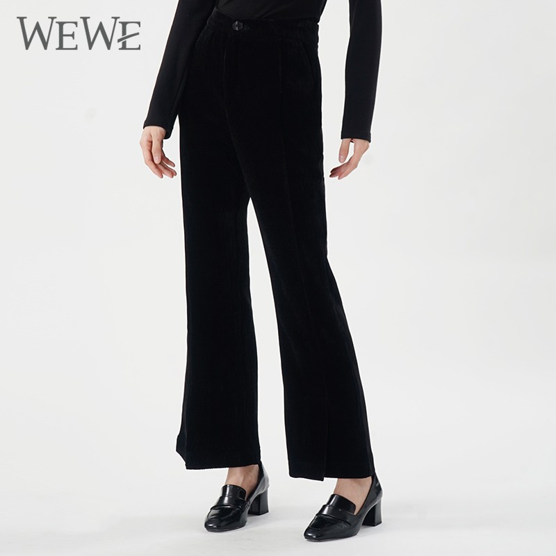 WEWE/唯唯 冬季高腰黑色灯芯绒修身针织长裤喇叭裤1