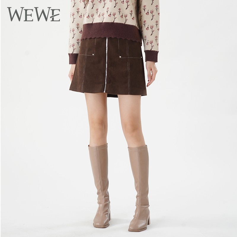 WEWE/唯唯 冬季纯色前拉链个性时尚A字短裙1