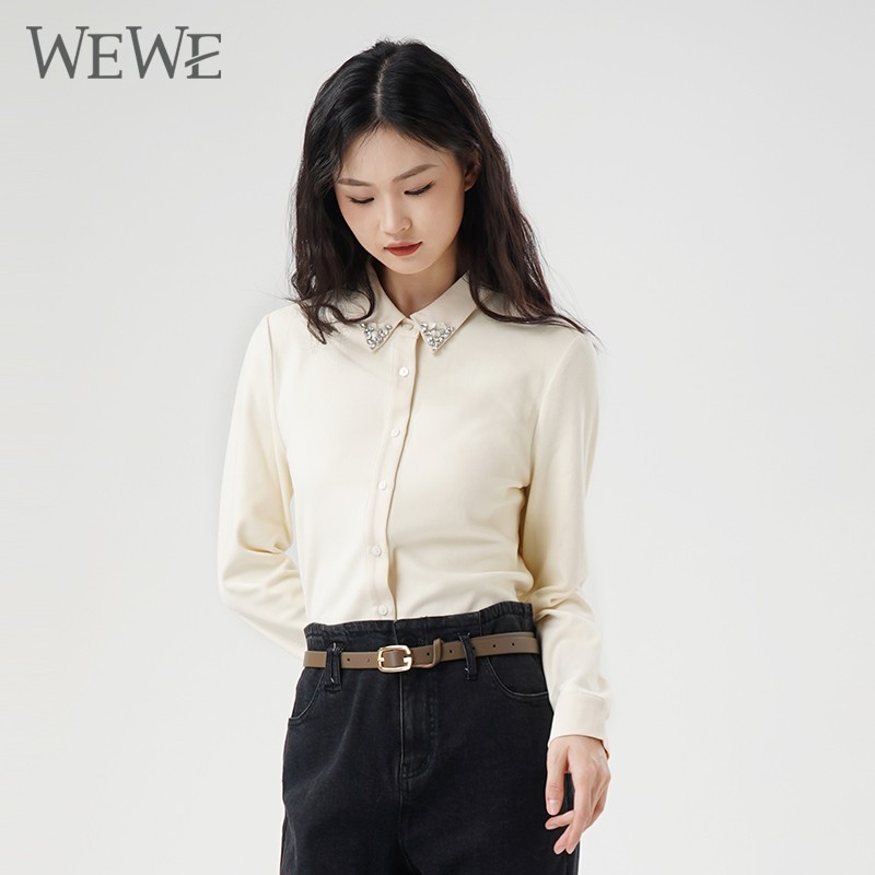 WEWE/唯唯 冬季纯色镶钻领单排扣修身收腰长袖衬衫1