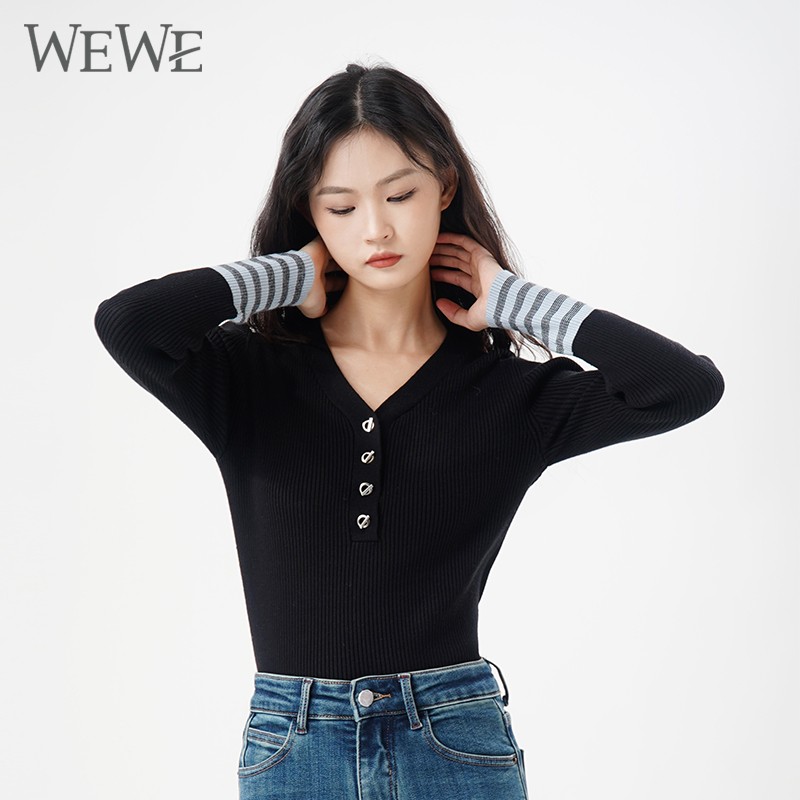 WEWE/唯唯 冬季V领单排扣修身显瘦条纹袖针织套头衫1