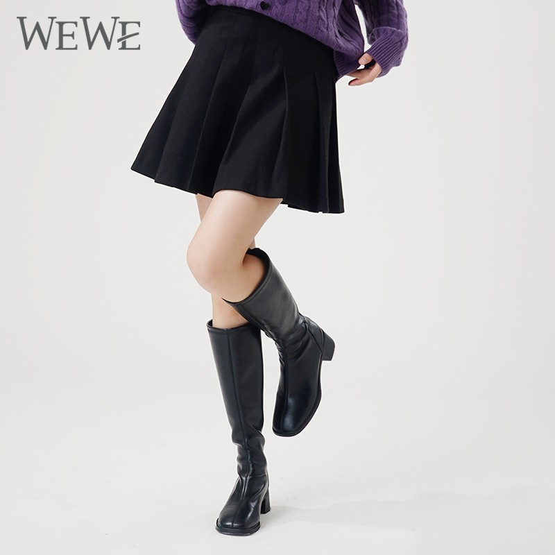 WEWE/唯唯 冬季高腰黑色百褶半裙短裙1