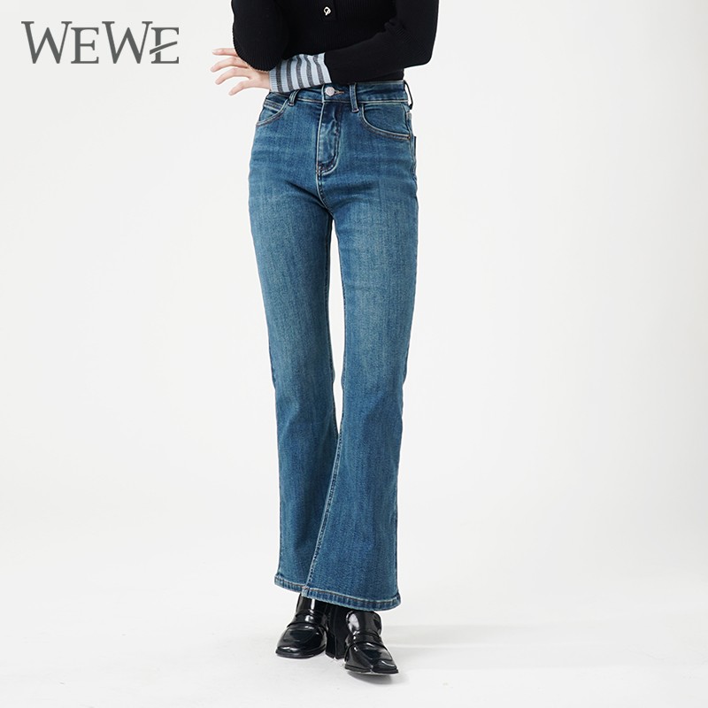 WEWE/唯唯 冬季修身显瘦时尚复古加绒喇叭裤牛仔长裤1